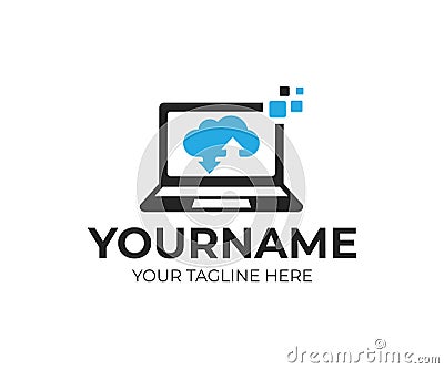 Cloud server, pixels and laptop, computer, logo template. Innovation digital technology, database and data storage, vector design Vector Illustration