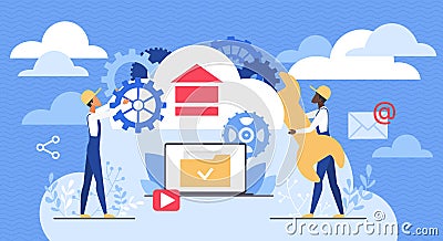 Cloud service, data storage, tiny tech team of admins engineers with tools for support Vector Illustration