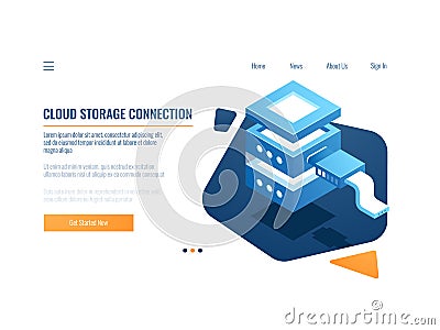 Cloud service icon, banner remote data storage and backup system, server room, datacenter and database isometric vector Vector Illustration