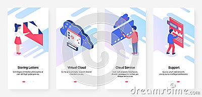 Cloud service support, virtual storage UX, UI onboarding mobile app page screen set Vector Illustration