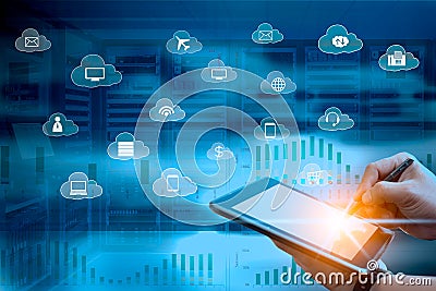 Cloud services concept of business man using tablet computer with flying icons services Stock Photo