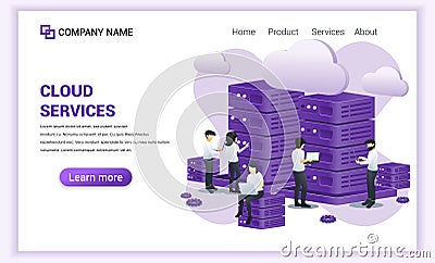 Cloud services concept. Digital cloud storage, data center. People working on laptop managing files and data in server. Can used Vector Illustration