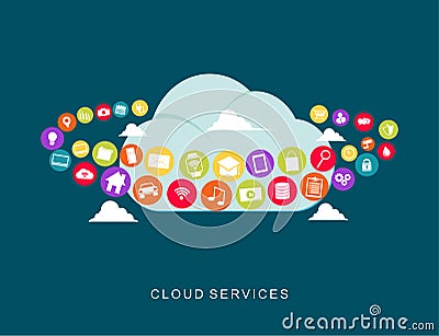 Cloud services technology. Multimedia cloud computing Vector Illustration