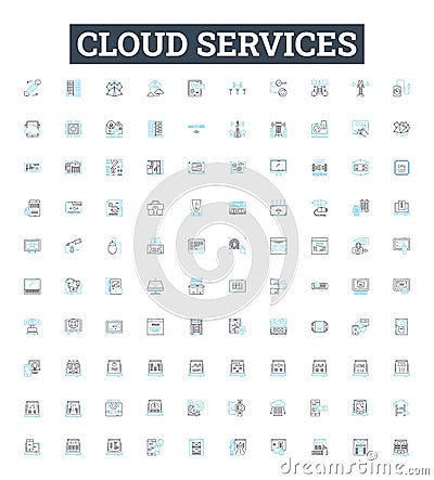 Cloud services vector line icons set. Cloud, Services, Computing, Hosting, Storage, Security, Virtualization Vector Illustration