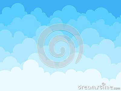 Cloud sky cartoon background. Blue sky with white clouds flat poster or flyer, cloudscape panorama pattern vector Vector Illustration