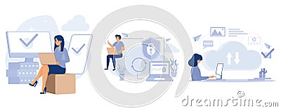 Cloud software, SaaS technology, cloud computing security, cloud based engine, data protection, virtual application, set flat Vector Illustration