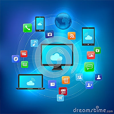 Cloud solution concept with different devices and icons Cartoon Illustration