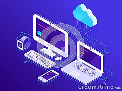 Cloud storage. Computer devices connected to data server. Laptop computers tablet and smartphone secure connection Vector Illustration