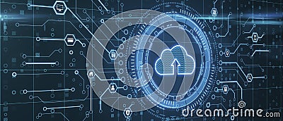 Cloud storage concept with digital glowing cloud icon with arrow inside surrounded by circuit elements Stock Photo