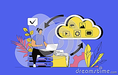 Cloud storage concept with modern flat design for web. Woman transfers content and files to cloud, creating data backup and opens Vector Illustration