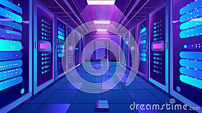 Cloud storage and cyber security are the key components of running a successful data center, server room, or database Cartoon Illustration