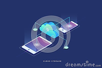 Cloud storage, data transfers on Internet from gadget to gadget. Vector Illustration