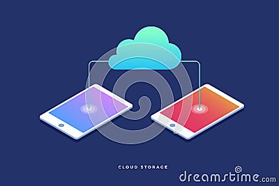 Cloud storage, data transfers on Internet from gadget to gadget. 3d isometric flat design. Vector Illustration