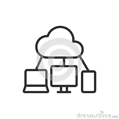 Cloud storage for devices, icon in line design. Cloud, storage, devices, sync, data, backup, file on white background Vector Illustration