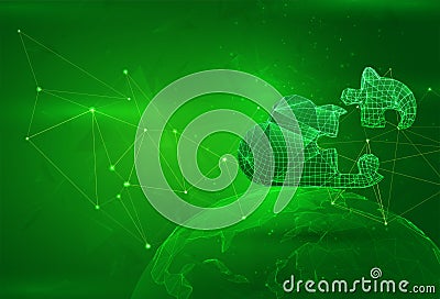 Object over a polygonal planet, on a green background. global data calculation Vector Illustration