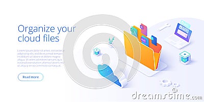 Cloud storage folder isometric vector illustration. Digital file organization service or app with data transfering. Online Vector Illustration