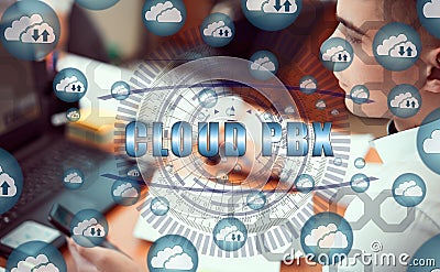 Cloud storage icons flying from the center. Hands of a businessman using a laptop with a smartphone and the inscription: CLOUD PBX Stock Photo