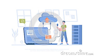 Cloud storage, Internet hosting provider. Man uploads data to cloud service, sync or makes backup. Vector Illustration