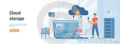 Cloud storage, Internet hosting provider. Man uploads data to cloud service, sync or makes backup. Vector Illustration