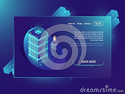 Cloud storage isometric vector concept, data center and database, server room rack, system administrator stay near Vector Illustration