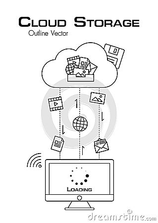 Cloud Storage . More file was downloaded from cloud server to desktop computer . outline style . flat design . Vector Illustration