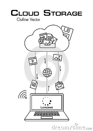 Cloud Storage . More file was downloaded from cloud server to laptop . outline style . flat design . Vector Illustration
