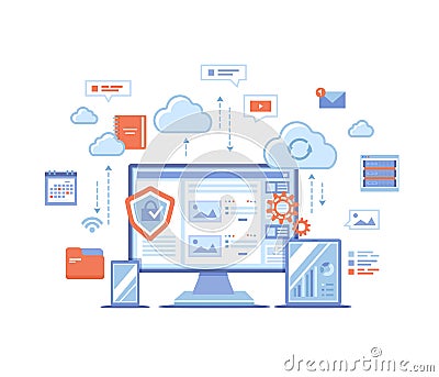 Cloud Storage. Online cloud computing, network hosting, services. Computer, phone, tablet, server, personal information, clouds. Vector Illustration