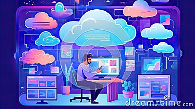 Cloud Storage. Online cloud computing, network hosting, services. People place their data, music, photo, video in big Stock Photo