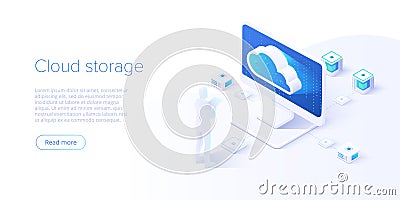 Cloud storage and pc download in isometric vector design. Computer service or app with data transfering. Online computing Vector Illustration