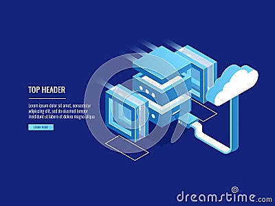 Cloud storage, remote web server hosting, information warehouse, file access conncetion isometric Vector Illustration
