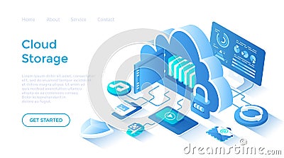 Cloud Storage Service. Internet hosting provider, Data backup, Cloud computing. Big cloud as a safe for files. Vector Illustration