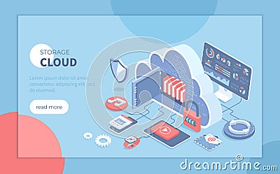 Cloud Storage Service. Internet hosting provider, Data backup, Cloud computing. Big cloud as a safe for files, protected and secur Vector Illustration