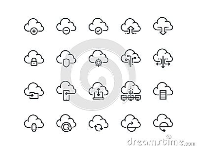 Cloud storage. Set of outline vector icons. Includes such as Data Synchronisation Vector Illustration