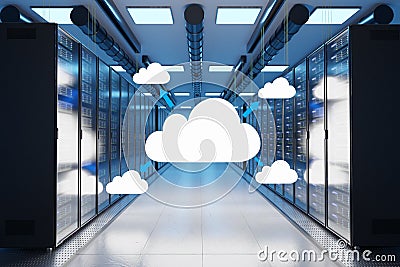 cloud storage share logo in large modern data center with multiple rows of network internet server racks, 3D Illustration Stock Photo