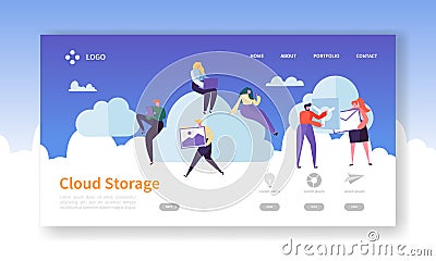 Cloud Storage Technology Landing Page Template. Data Center Hosting Website Layout with Flat People Characters Vector Illustration