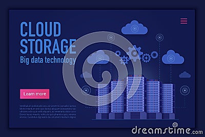 Cloud storage vector landing page template. Cloud management, computing, database and information storage website Vector Illustration