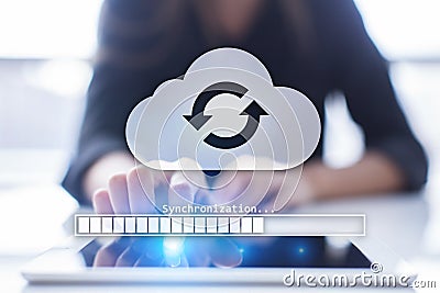 Cloud synchronization, Data storage, internet and computing concept on virtual screen. Stock Photo