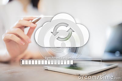 Cloud synchronization, Data storage, internet and computing concept on virtual screen. Stock Photo