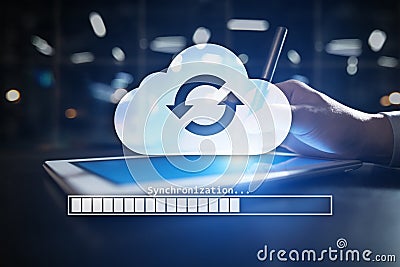 Cloud synchronization, Data storage, internet and computing concept on virtual screen. Stock Photo