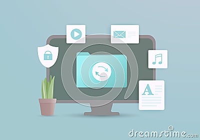 Cloud syncing illustration concept. Desktop computer and folder with synchronizing files, around icons of audio, video Vector Illustration