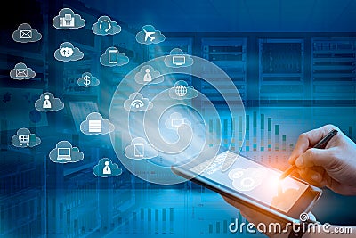 Cloud system administration technology concept of business man using tablet computer to manage cloud system Stock Photo