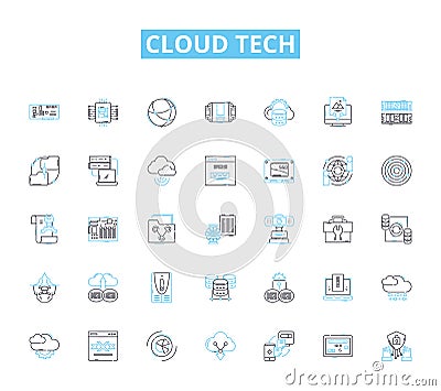 cloud tech linear icons set. Virtualization, Infrastructure, Computing, SaaS, PaaS, IaaS, Storage line vector and Vector Illustration
