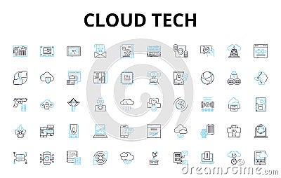 cloud tech linear icons set. Virtualization, Infrastructure, Computing, SaaS, PaaS, IaaS, Storage vector symbols and Vector Illustration