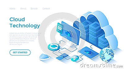Cloud Technology. Big data processing center, cloud database, connecting information, storage, hosting. Vector Illustration
