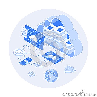Cloud Technology. Big data processing center, cloud database, connecting information, storage, hosting. Vector outline Vector Illustration