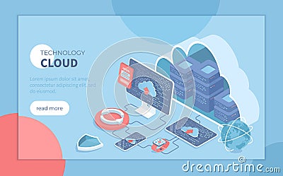 Cloud Technology. Big data processing center, cloud database, connecting information, storage, hosting. Isometric vector illustrat Vector Illustration