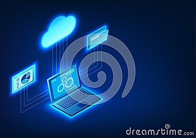 cloud technology Computers that transfer data and retrieve data in the cloud system It means transferring data storage files Vector Illustration