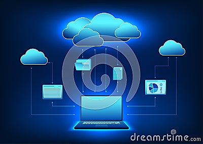 Cloud technology Computers that transfer data to be stored in the cloud It means transferring data storage files through the cloud Vector Illustration