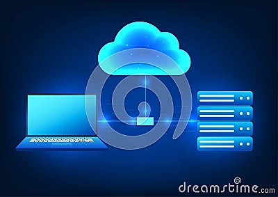 Cloud technology that connects computers and servers It means transferring important data to a system that stores work files and Vector Illustration