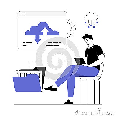 Cloud technology, data storage and backup. Man working with cloud computing and database service. Vector illustration Vector Illustration